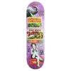 A King skateboard with different images on it, featuring a unique wheelbase and length.