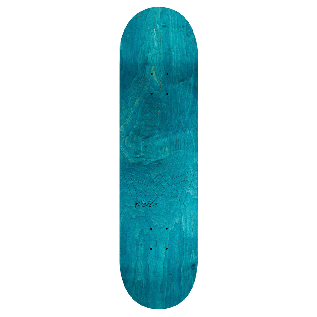 A blue skateboard on a white background showcasing King Strength to Love.