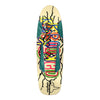 The KROOKED GONZ BABY BEAMER skateboard deck by Tino Razo features a colorful, abstract design with overlapping shapes, bold text in various colors, and two green hand shapes. A small cartoon-like figure is near the bottom edge of this Krooked guest board.