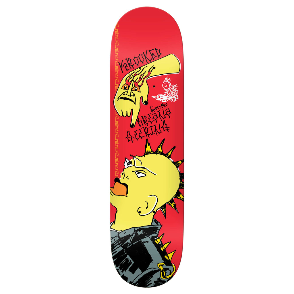 The KROOKED GEERING PUNX GUEST PRO TRUE FIT skateboard deck from Krooked comes in a striking red, adorned with a cartoon punk character sporting a yellow mohawk, along with nails biting on a hand reaching from the top. This 8.38" wide deck features the phrases "Krooked Una Punx" and "Gonzales" in graffiti style lettering, making it an ideal choice for any skateboarding enthusiast.