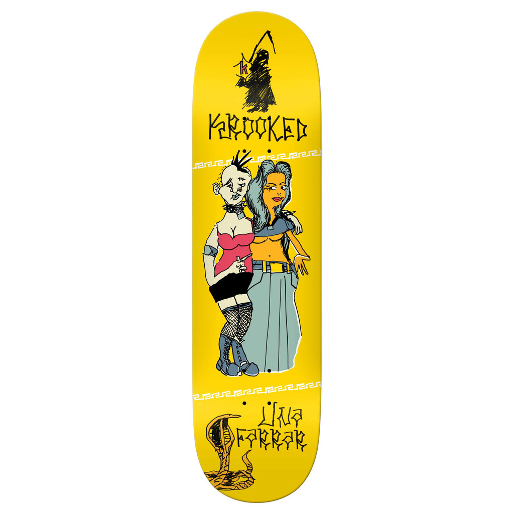 The KROOKED UNA PUNX TRUE FIT skateboard deck features a yellow design with cartoon characters, including one with a mohawk and another with long hair. The top of the deck displays the words "Krooked Barbee," while an illustration of a shrimp taco adorns the bottom.