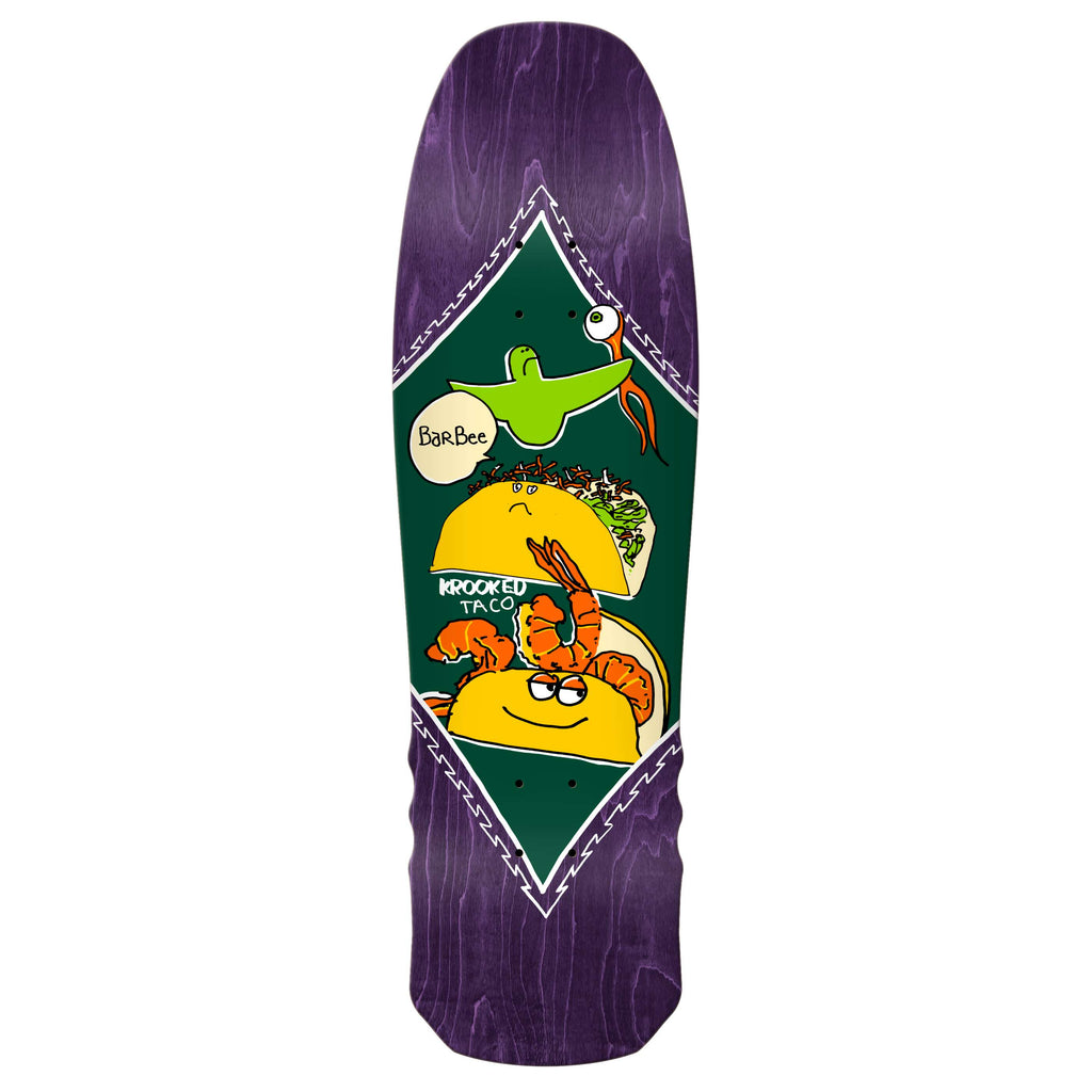 A skateboard deck from KROOKED called the KROOKED BARBEE SHRIMP TACO, featuring a purple wood grain pattern with a graphic of two animated tacos – one containing a crab and the other with a lizard in green sauce. It includes text saying "BabeBee" and "Krooked Taco," capturing the essence of the Barbee Shrimp Taco collection.