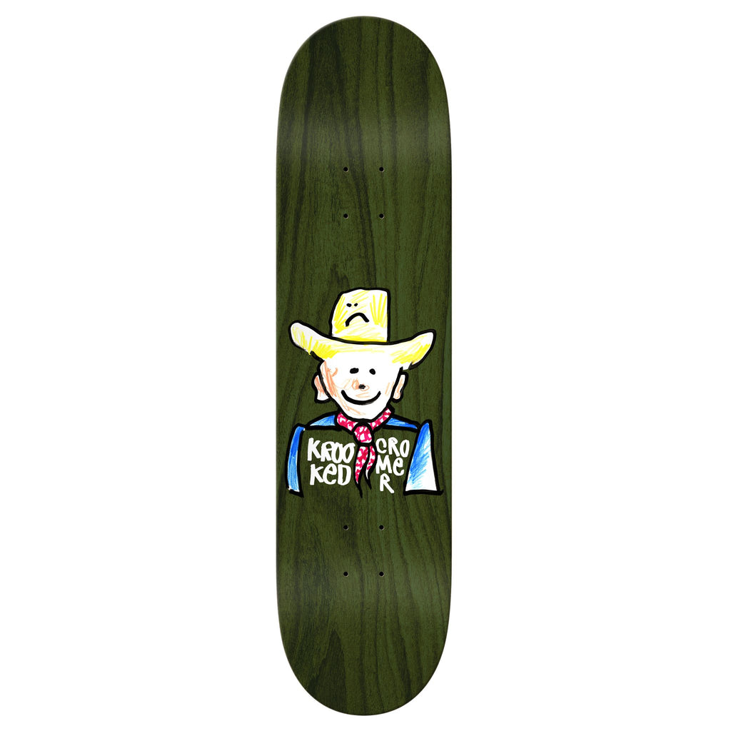 A KROOKED CROMER DESPERADO skateboard deck with an image of a cowboy in a cowboy hat.