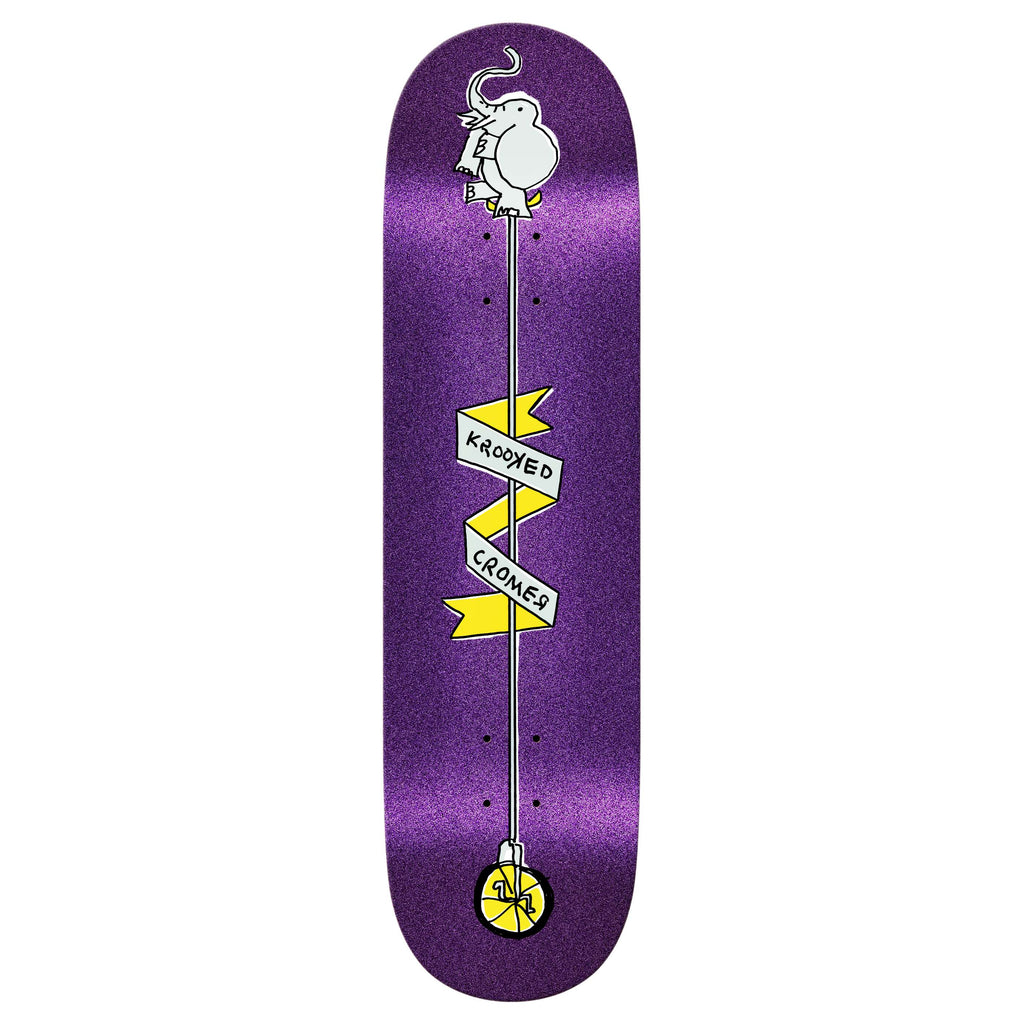 KROOKED's Cromer Unicycle Glitter features a purple skateboard deck with a bird perched on yellow banners reading "Krooked Cromer," designed in a distinctive twin tail shape for ultimate maneuverability.