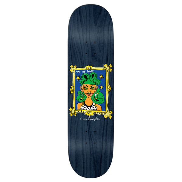 A KROOKED skateboard deck with an image of a woman on it by Sandoval.