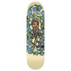 Skateboard deck showcasing a cartoon character amidst blue flowers, adorned with the words "Gonzales" and "Krooked," this stylish piece offers an 8.38" width for optimal balance.