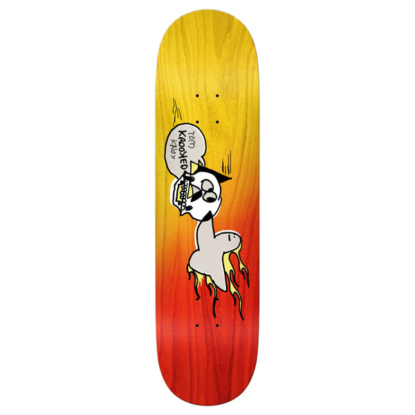 The KROOKED KNOX BURN BIRD skateboard deck displays a vivid yellow to red gradient, featuring a quirky cartoon character with flames radiating from its body, proudly holding a speech bubble that exclaims, "Tooth Kream Krunch!
