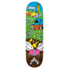 The KROOKED MANDERSON THE YARD skateboard showcases colorful, whimsical illustrations, such as a farmer, animals, and various scenes set against a green landscape. The words "Krooked" and "Anderson" are prominently displayed alongside unique Hurricane rails that add an extra edge to the design.