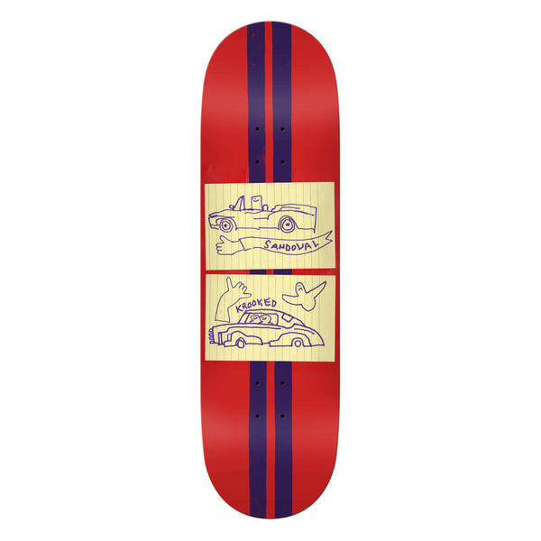 The KROOKED SANDOVAL RACECAR skateboard deck features a red background with two blue stripes adorned with hand-drawn car illustrations and the words "Sandoval" and "Krooked.