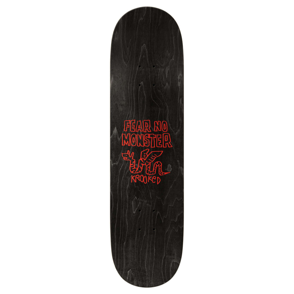 The KROOKED WILSON POSITIVELY PRO skateboard deck from KROOKED showcases a bold red monster graphic with the powerful text "Fear No Monster" and "Krooked Sandoval," all on a sleek black background.