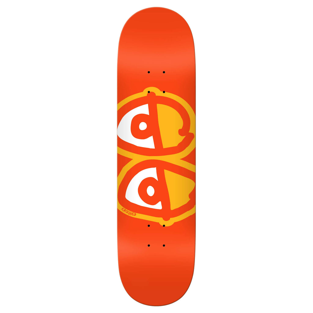 The KROOKED TEAM EYES ORANGE skateboard deck by KROOKED features two yellow and red stylized eyes with thick outlines, stacked vertically in the center.