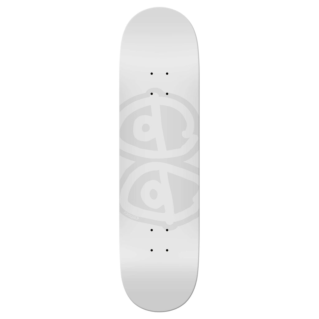 The KROOKED TEAM EYES WHITE DIPPED skateboard deck showcases a minimalist gray-on-white design, accented by a subtle abstract pattern near the center and prominently featuring the signature KROOKED TEAM EYES logo.