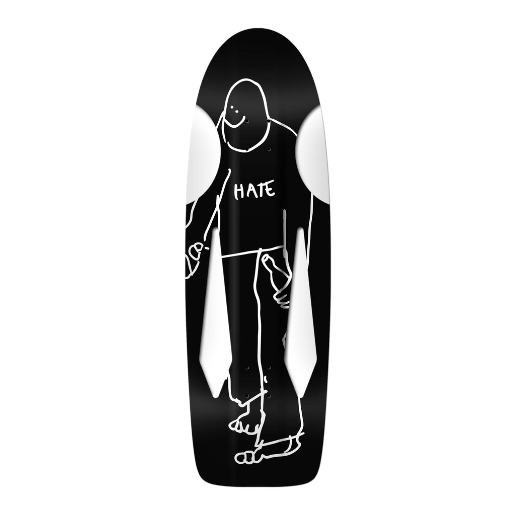 The KROOKED X SKATE SHOP DAY GONZ BEAMER "HATE" skateboard deck features a black design with a white outline of a person wearing a "HATE" shirt, embodying skate culture's spirited artistry. Celebrate Skate Shop Day with this unique piece from KROOKED.