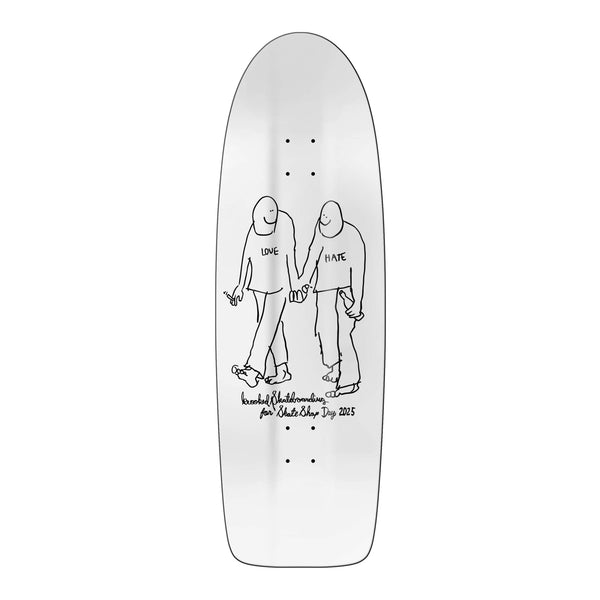 White skateboard deck labeled "LOVE" featuring a line drawing of two figures holding hands. Text below reads "Krooked X Skate Shop Day Gonz Beamer for 2023," with nods to Krooked style, showcasing both "LOVE" and "HATE.