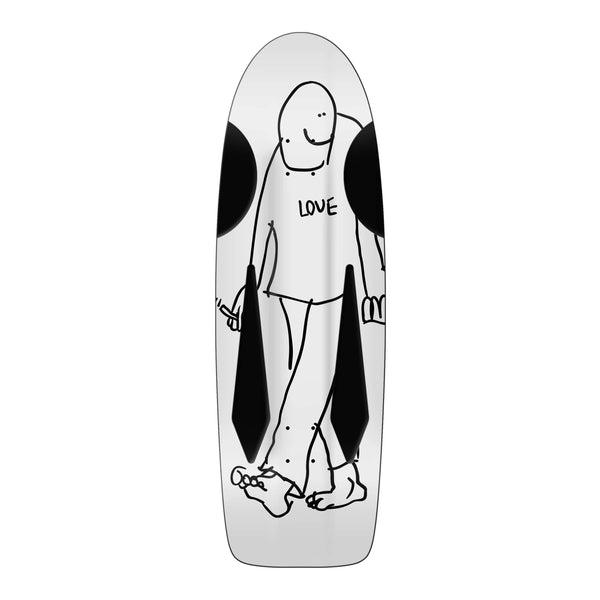 Available at the skate shop, the KROOKED X SKATE SHOP DAY GONZ BEAMER "LOVE" skateboard deck includes a silver design with black grip tape, showcasing a figure with a "LOVE" shirt.