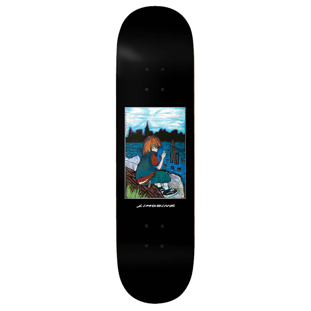 A black skateboard deck from LIMOSINE, featuring a digital print of a child by a lake with boats, trees, and a cloudy sky; "LIMOSINE NELLY MORVILLE PRO MODEL THE WATER" logo appears below the artwork.
