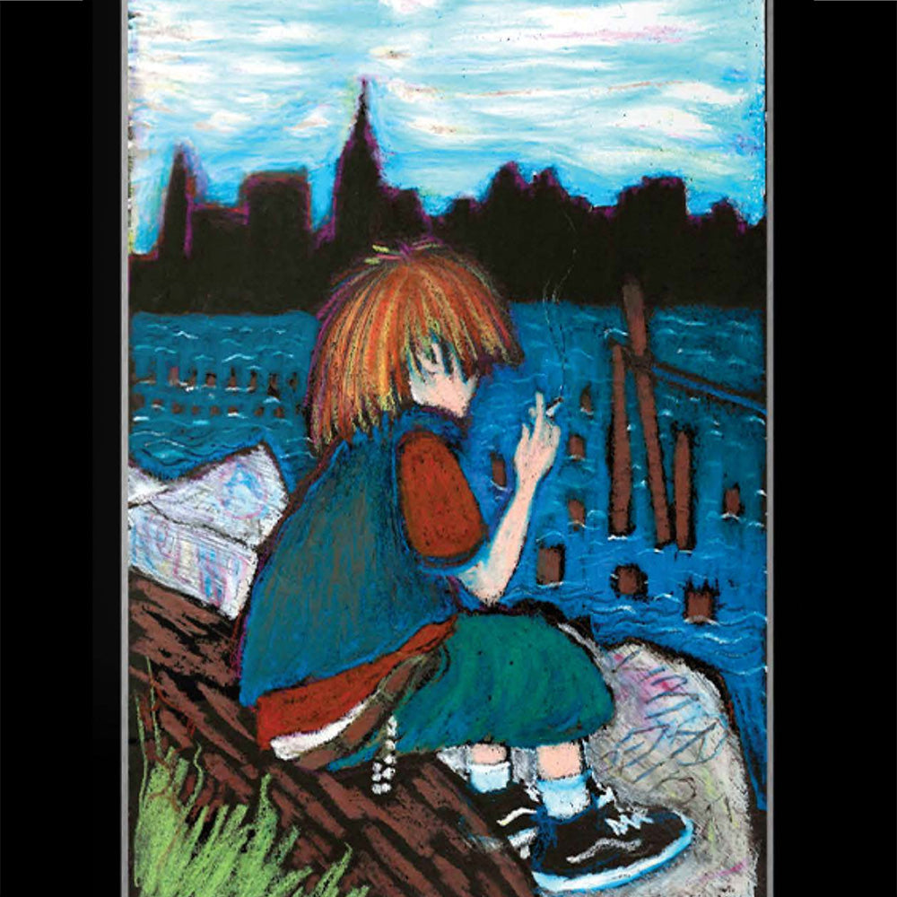 A vibrant digital print by LIMOSINE, titled "NELLY MORVILLE PRO MODEL THE WATER," shows a red-haired child on a log near water, flashing a peace sign with a city skyline and cloudy sky in the background.