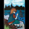 A vibrant digital print by LIMOSINE, titled "NELLY MORVILLE PRO MODEL THE WATER," shows a red-haired child on a log near water, flashing a peace sign with a city skyline and cloudy sky in the background.