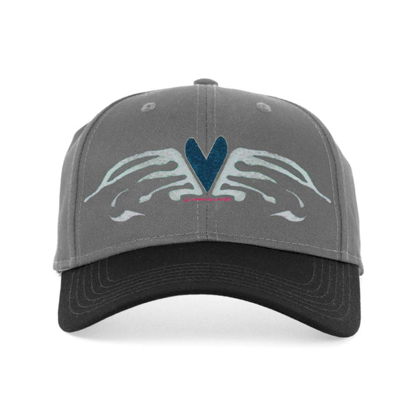 Gray LIMOSINE baseball cap with a custom vinyl print of a blue heart and abstract white wing design on the front.