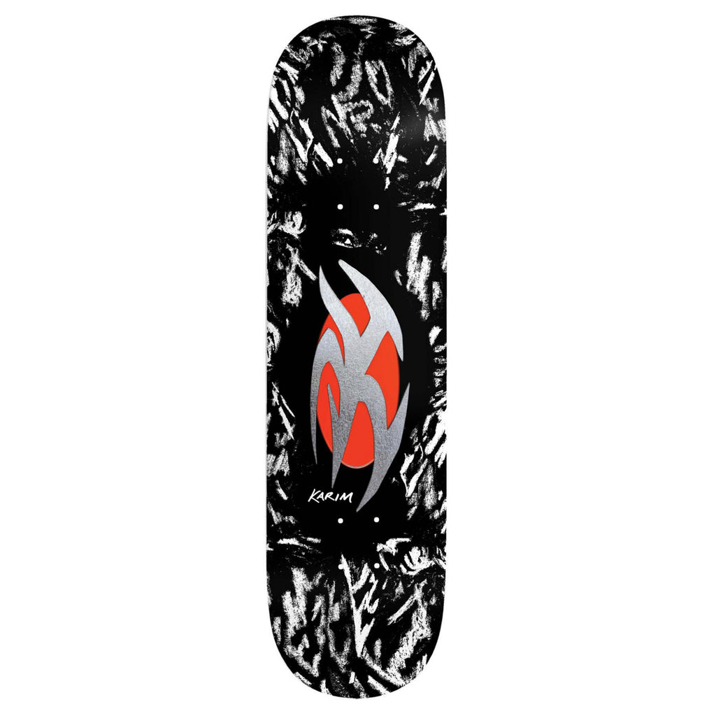 A black and white LIMOSINE skateboard deck with a central red flame design and the word "kami" at the bottom, featuring a slick bottom.