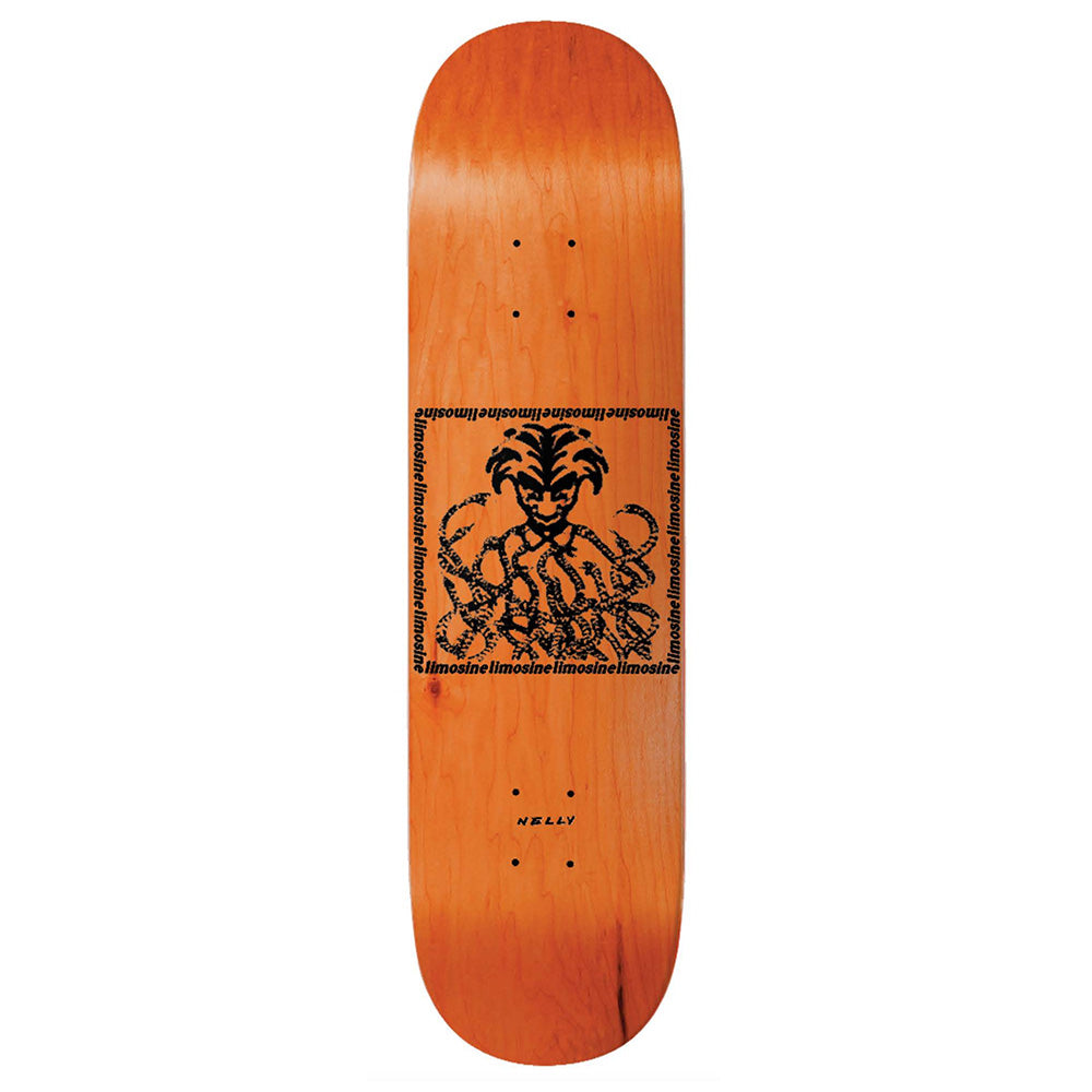 The LIMOSINE NELLY MORVILLE PRO MODEL SNAKEPIT features an orange deck with a black stylized figure graphic, repeated "linemate" text, and "NELLY" at the bottom—ideal for fans of the Snakepit look.