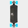 Viewed from above, the Loaded Fathom 33" Complete longboard by Loaded features a black deck with a circular logo in the center. Its bright blue wheels make it stand out.