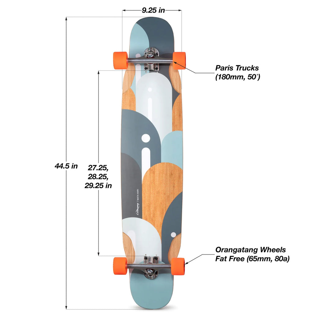 Illustration of a Loaded Mata Hari longboard with measurements and specifications. Dimensions: 44.5" length, 9.25" width. Perfect for urban exploration, it features Paris Trucks (180mm, 50°) and Orangatang Wheels (Fat Free, 65mm, 80a).