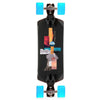 A compact skateboard, the LOADED FATHOM 33" COMPLETE by Loaded, features vibrant blue wheels and a black deck adorned with an abstract design of colorful intersecting rectangles and a small mountain illustration, making it perfect for beginners.