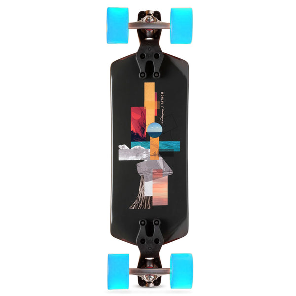 A compact skateboard, the LOADED FATHOM 33" COMPLETE by Loaded, features vibrant blue wheels and a black deck adorned with an abstract design of colorful intersecting rectangles and a small mountain illustration, making it perfect for beginners.