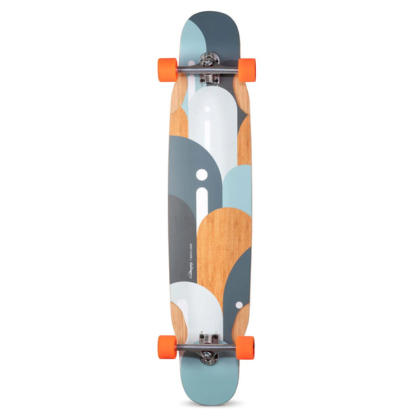 The LOADED MATA HARI 44.5" COMPLETE by Loaded is a longboard skateboard with a vibrant design featuring shades of grey, blue, white, and wood. It comes equipped with orange wheels and boasts a sleek, modern look, making it an ideal choice for commuters.