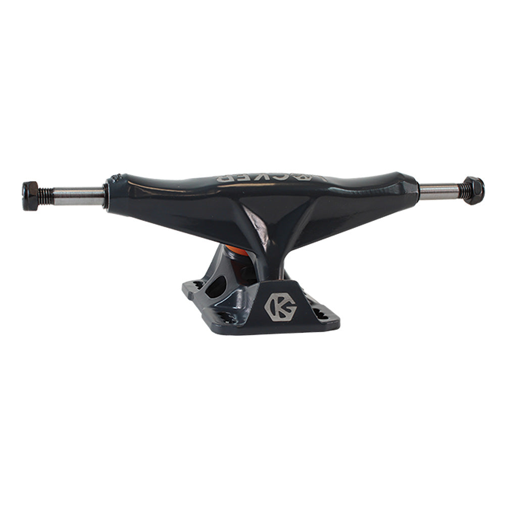The GRIND KING LOCKER BATTLESHIP GREY 8.0" skateboard truck features silver axles, Tri-kush bushings, and a flat base plate. Shown on a white background.