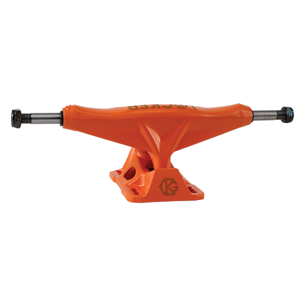 The GRIND KING LOCKER ORANGE 8.25" skateboard truck is shown angled against a white background, featuring a baseplate, axle, and signature Tri-kush bushings from GRIND KING.