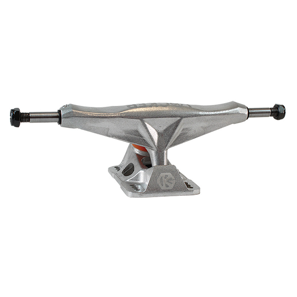 The GRIND KING LOCKER SILVER 8.25" skateboard truck by GRIND KING features a hollow axle and kingpin, Tri-kush bushings, and is shown isolated on a white background.
