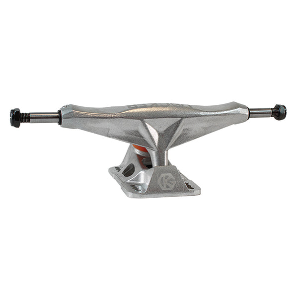 The GRIND KING LOCKER SILVER 8.25" skateboard truck by GRIND KING features a hollow axle and kingpin, Tri-kush bushings, and is shown isolated on a white background.