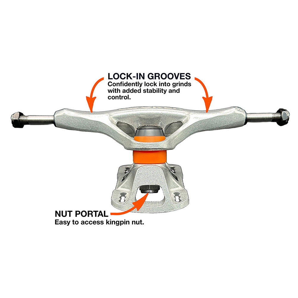 The GRIND KING LOCKER SILVER 8.25" truck features lock-in grooves for stable grinds, Tri-kush bushings for responsive turns, and a nut portal for easy kingpin nut access.