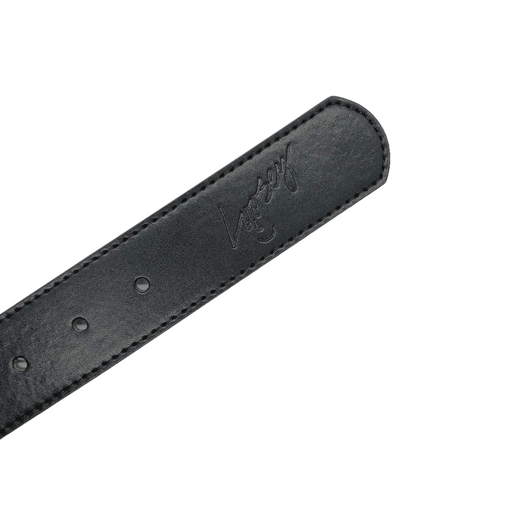 Close-up of a black faux leather belt featuring multiple grommet-ringed holes and an embossed logo near the end, named LOOSEY RED CHECKERED STUD FINDER by the brand Loosey.