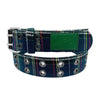 The LOOSEY PLAID GROMMET HOLE BELT by Loosey is a red checkered plaid belt with multiple grommets, a green buckle, and crafted from black faux leather.