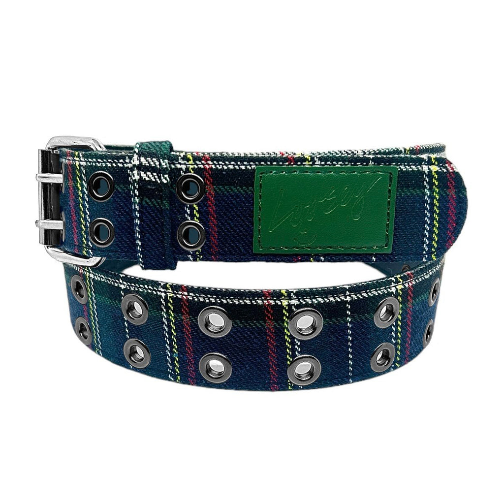 The LOOSEY PLAID GROMMET HOLE BELT by Loosey is a red checkered plaid belt with multiple grommets, a green buckle, and crafted from black faux leather.