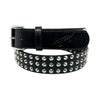 The LOOSEY SPIKED STUD by Loosey is a black faux leather belt featuring red and silver studs, a silver buckle, and embossed text on the strap.