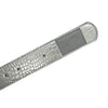 The LOOSEY CROC SKIN BELT SILVER by Loosey is a faux leather belt with a silver textured finish and a rectangular gold buckle adorned with engraved writing.