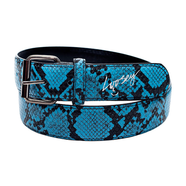 A blue and black snake skin belt with a silver charcoal buckle and "Loosey" logo, known as the LOOSEY SLITHER BELT BLUE.