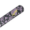 A close-up of a nail file with a black, pink, and purple snakeskin pattern and yellow text that says "Lipsy," reminiscent of the intricate design found on the white faux leather LOOSEY SLITHER BELT PURPLE by Loosey.