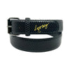 A black faux leather belt with a crocodile texture and the word "Loosey" written in yellow cursive on a charcoal buckle, named the LOOSEY SLITHER BELT BLACK.