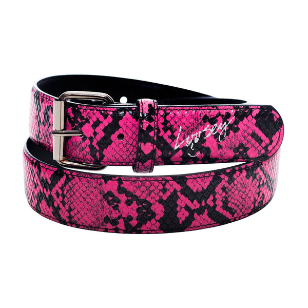 A LOOSEY SLITHER BELT PINK by Loosey is coiled in a circular shape, featuring an eye-catching snakeskin pattern.