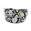 The LOOSEY SLITHER BELT WHITE by Loosey is a black faux leather belt adorned with an eye-catching snakeskin pattern, silver buckle, and gold script writing on the near end.