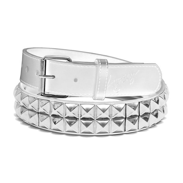 A Loosey LOOSEY STUD FINDER BELT WHITE with a silver buckle and rows of silver pyramid studs on one end, showcasing its eye-catching silver hardware.