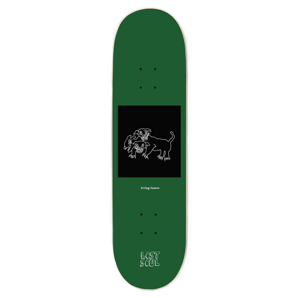 The LOST SOUL IRVING JUAREZ MONSTERS skateboard deck from Lost Soul Skateboards is green and features a line drawing of a dog in the center with "Irving Juarez" text below it, and the "LOST SOUL METAL LOGO" near the bottom. This limited batch design is screen printed for durability and style.