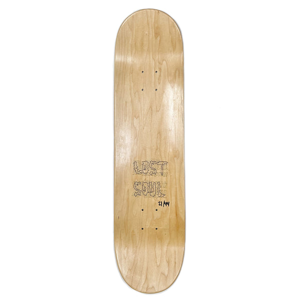 Close-up image of a plain, unassembled wooden skateboard deck with the words "LOST SOUL METAL LOGO SCREEN PRINTED" and some text near the middle by Lost Soul Skateboards.