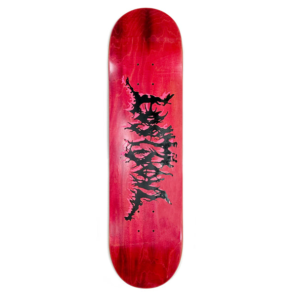 A red LOST SOUL METAL LOGO SCREEN PRINTED skateboard deck from Lost Soul Skateboards featuring black abstract artwork in the center, designed by Irving Juarez.