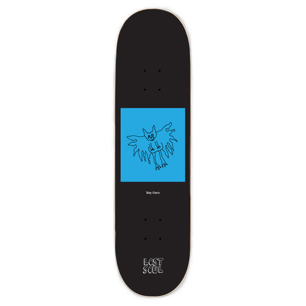 Introducing the LOST SOUL RAY GURZ MONSTERS skateboard by Lost Soul Skateboards. This black deck features a stunning blue graphic of an abstract figure in the center and the text "Lost Soul" at the bottom. Designed by IRVING JUAREZ, this masterpiece is proudly MADE IN USA.